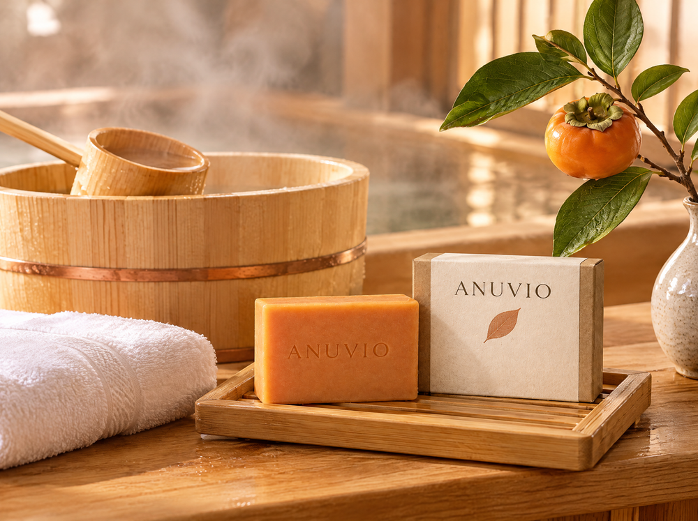 Japanese bath setting with the Anuvio persimmon bar