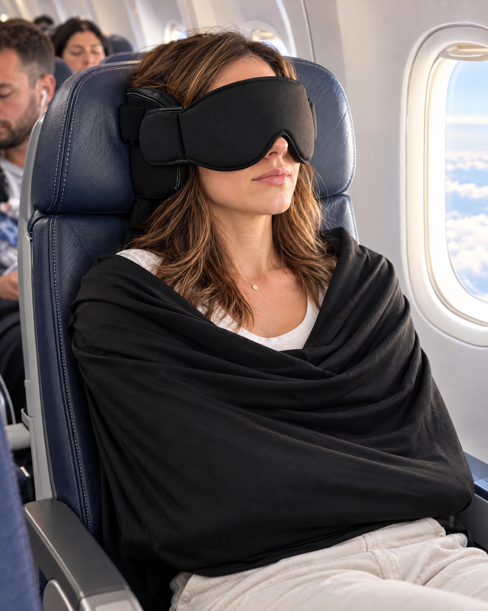Traveler sleeping upright on a flight with the CabinCloud 3-in-1 Travel Set