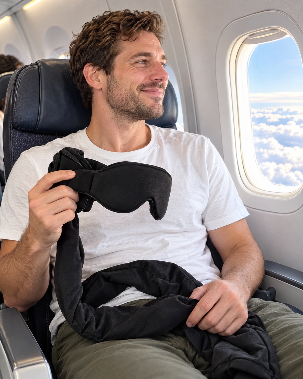 Traveler waking up refreshed after sleeping upright