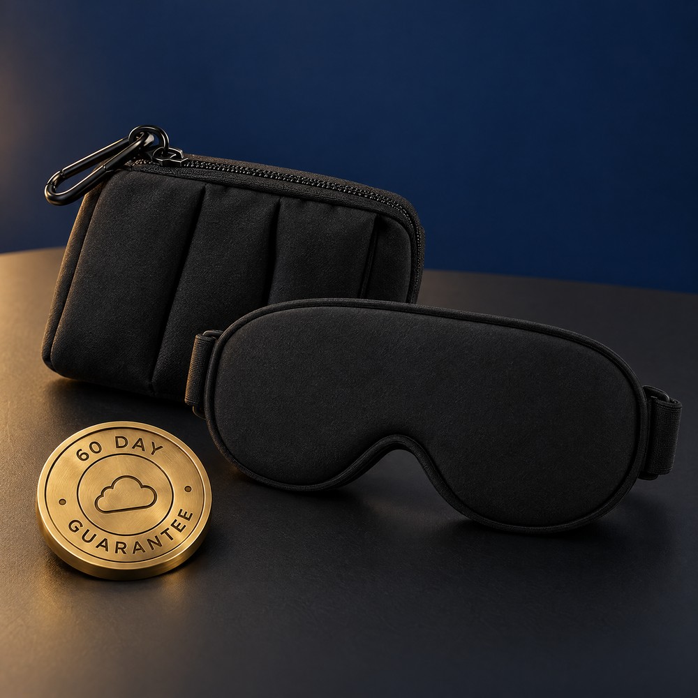 60-day guarantee seal with the travel pouch and sleep mask