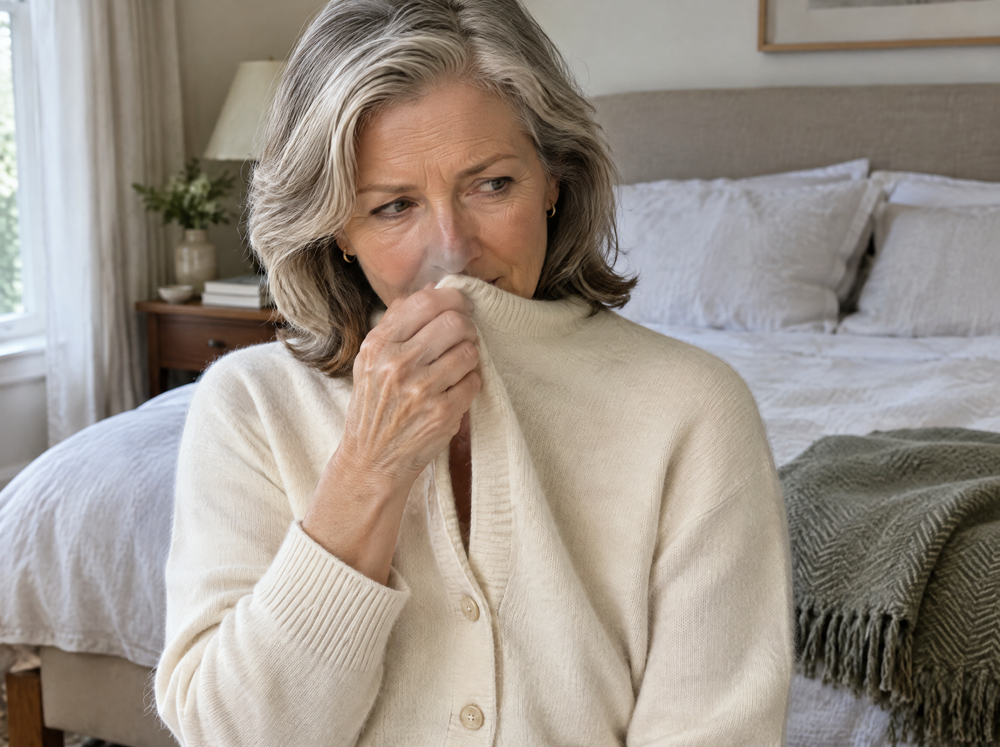 Woman checking the scent of her cardigan collar
