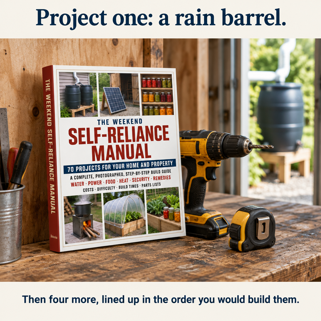 The book on a workbench beside a drill and tape measure. Project one is a rain barrel, then four more in build order.