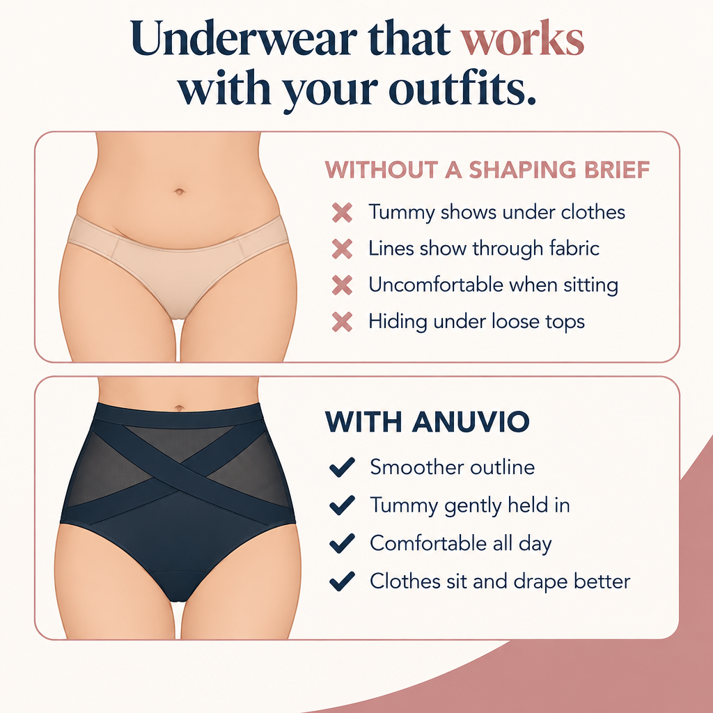 Comparison of wearing a regular brief and the Anuvio shaping brief under clothes