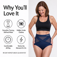 Four benefits of the Anuvio shaping brief beside a woman wearing it in navy