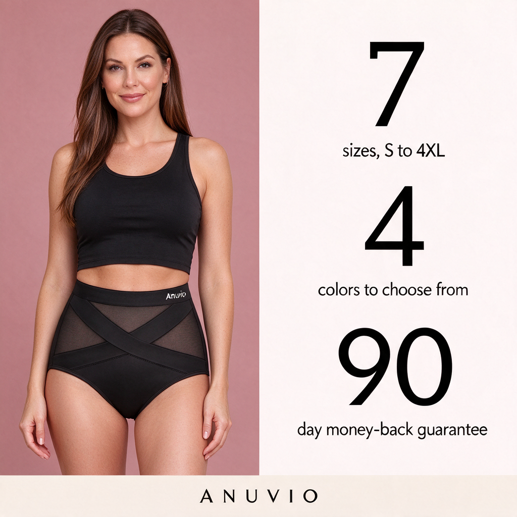 Anuvio shaping brief facts: 7 sizes from S to 4XL, 4 colors, 90-day money-back guarantee