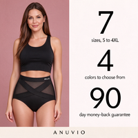 Anuvio shaping brief facts: 7 sizes from S to 4XL, 4 colors, 90-day money-back guarantee