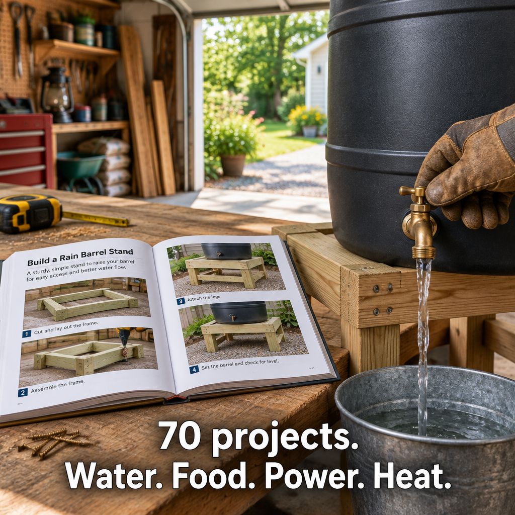 The book open on a garage workbench beside a rain barrel tap. 70 projects: water, food, power, heat.